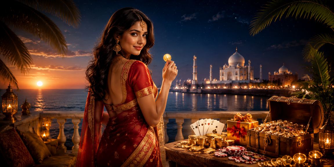 Taj Mahal view with Indian woman playing Aviator card game