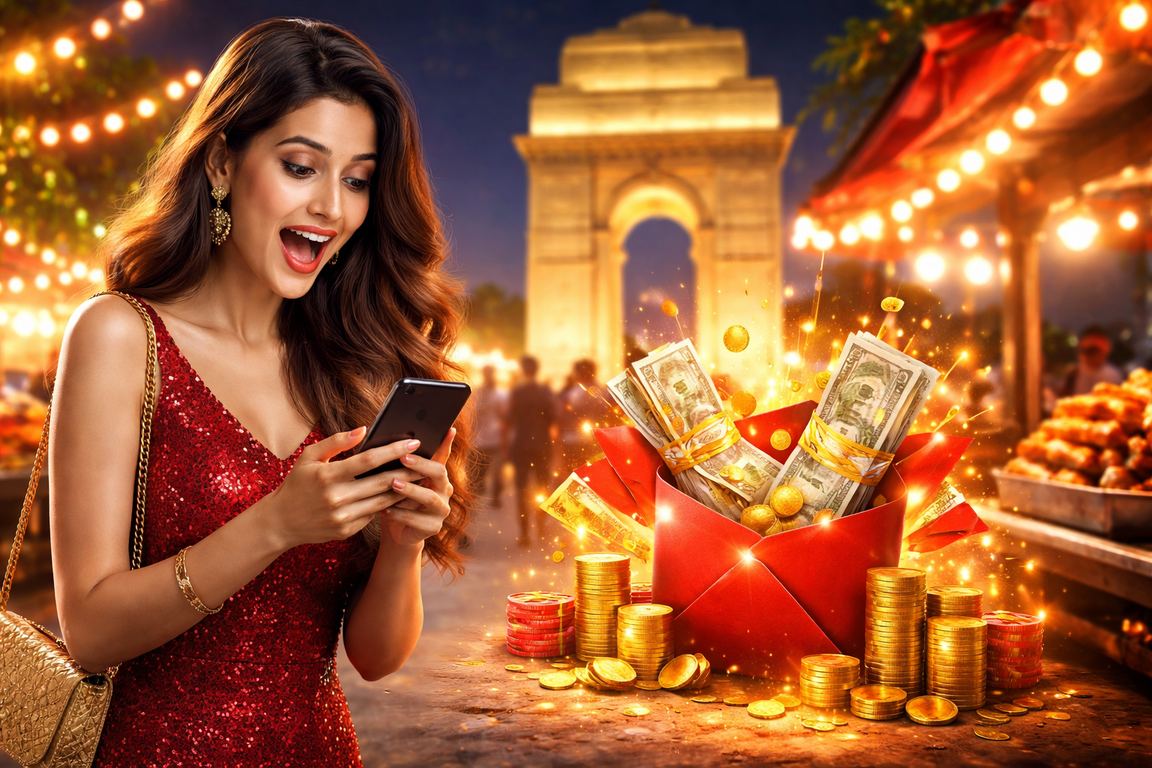 Delightful scene of India Gate with red envelopes symbolizing bonus offers