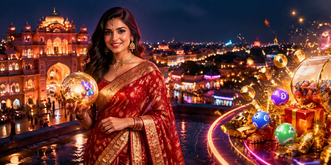 Indian woman enjoying online lottery on mobile