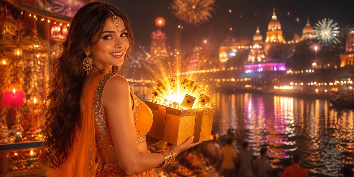 Indian woman playing rummy on mobile in Bollywood setting