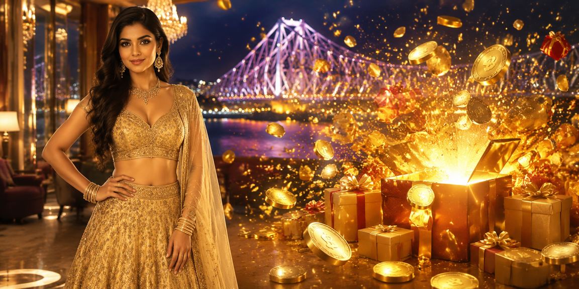 Indian woman celebrating with cash bonus promotion in traditional lehenga